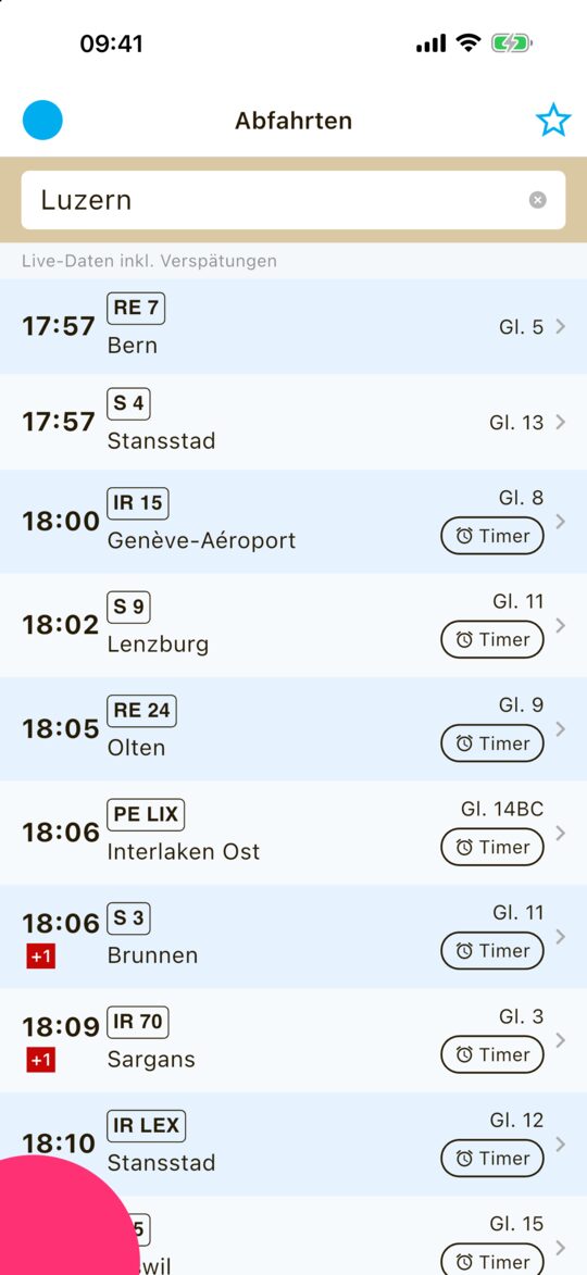 Die nächsten Abfahrten ab Luzern mit Linie, Ziel und Gleis