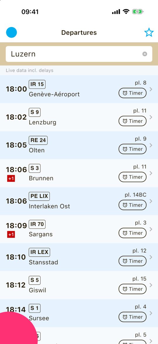 The next departures from Luzern with line, destination and platform
