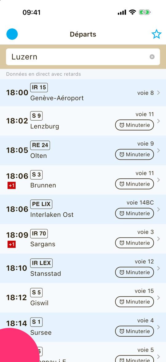 Les prochains départs de Luzern avec ligne, destination et voie