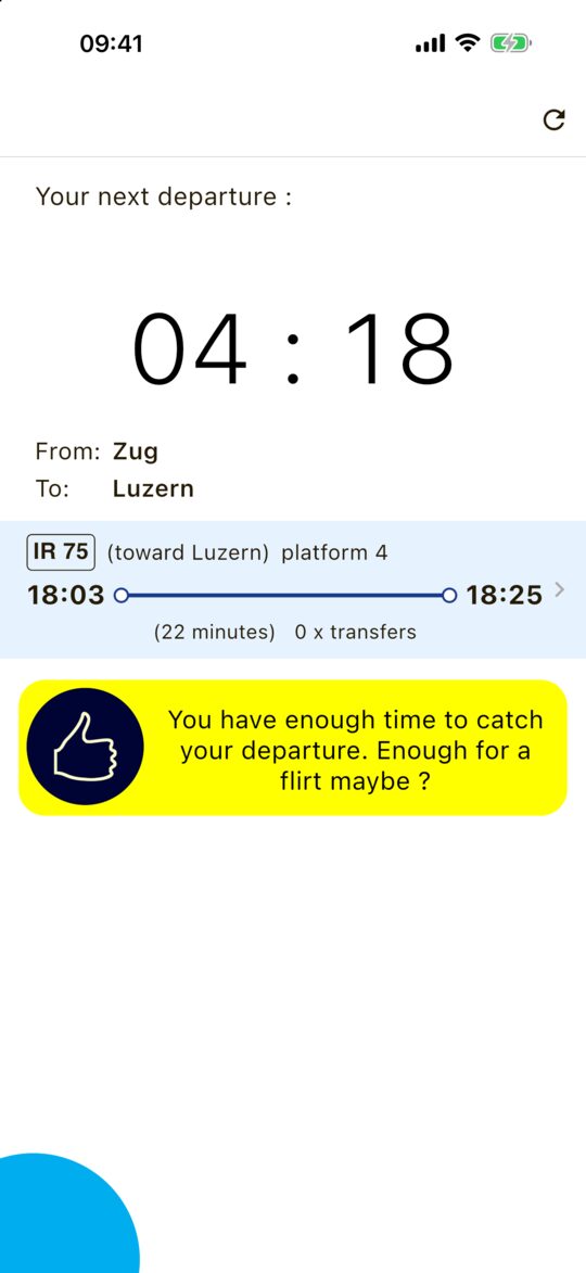 Countdown with the minutes until the next connection Zug – Luzern