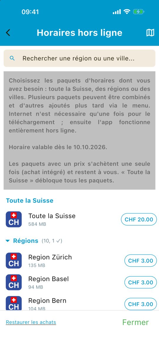 Choix des horaires hors ligne : toute la Suisse, régions, villes