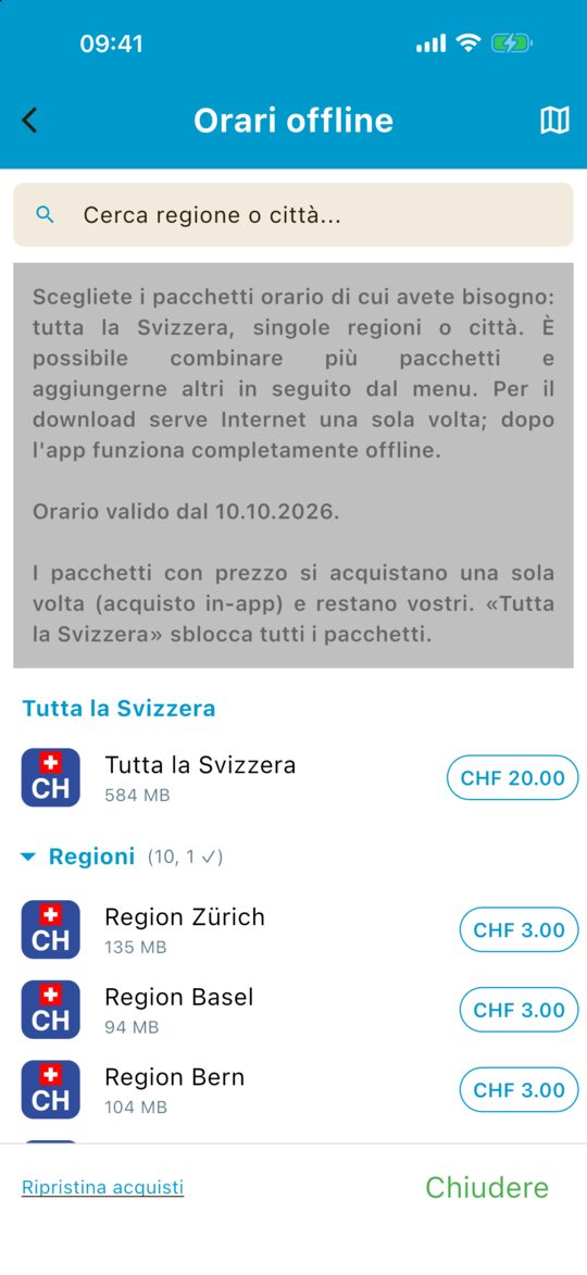 Scelta degli orari offline: tutta la Svizzera, regioni, città