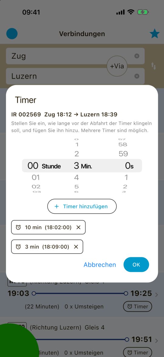 Timer-Auswahl mit Rad für Stunden, Minuten und Sekunden und zwei gesetzten Timern