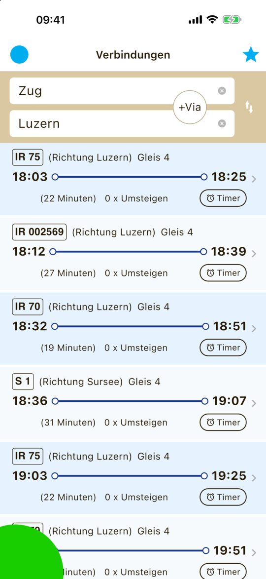 Verbindungen von Zug nach Luzern mit Gleis und Timer-Knopf