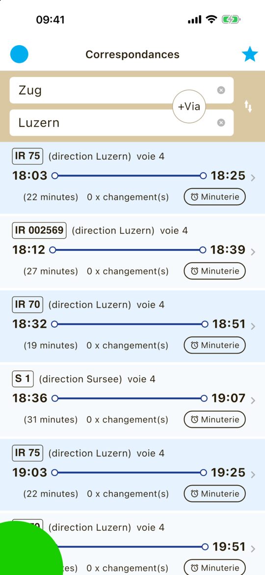 Correspondances de Zug à Luzern avec voie et bouton minuterie